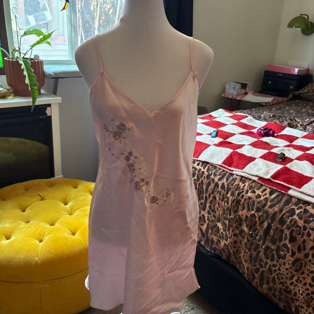 VTG Pink Satin Embroidered Slip Dress Nightgown Coquette Medium